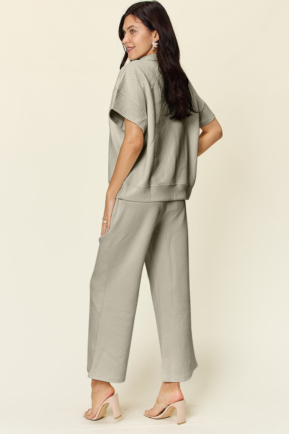 Double Take Texture Half Zip Short Sleeve Top and Pants Set Several Color Options