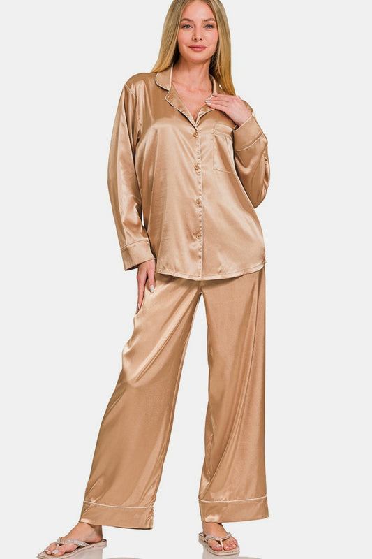 Zenana Satin Long Sleeve Button Shirt and Pants Pajama Set