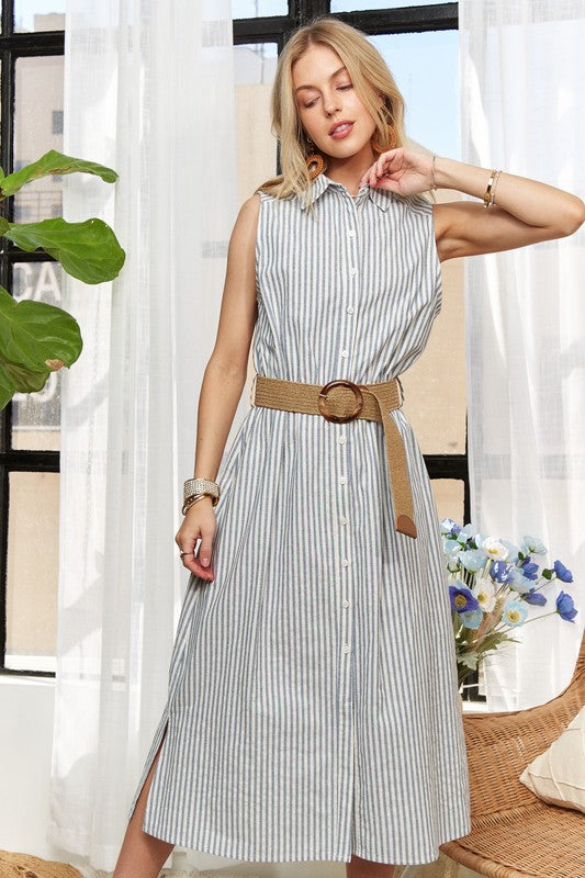 ADORA Cotton/Linen Blend Striped Button Down Sleeveless Midi Dress