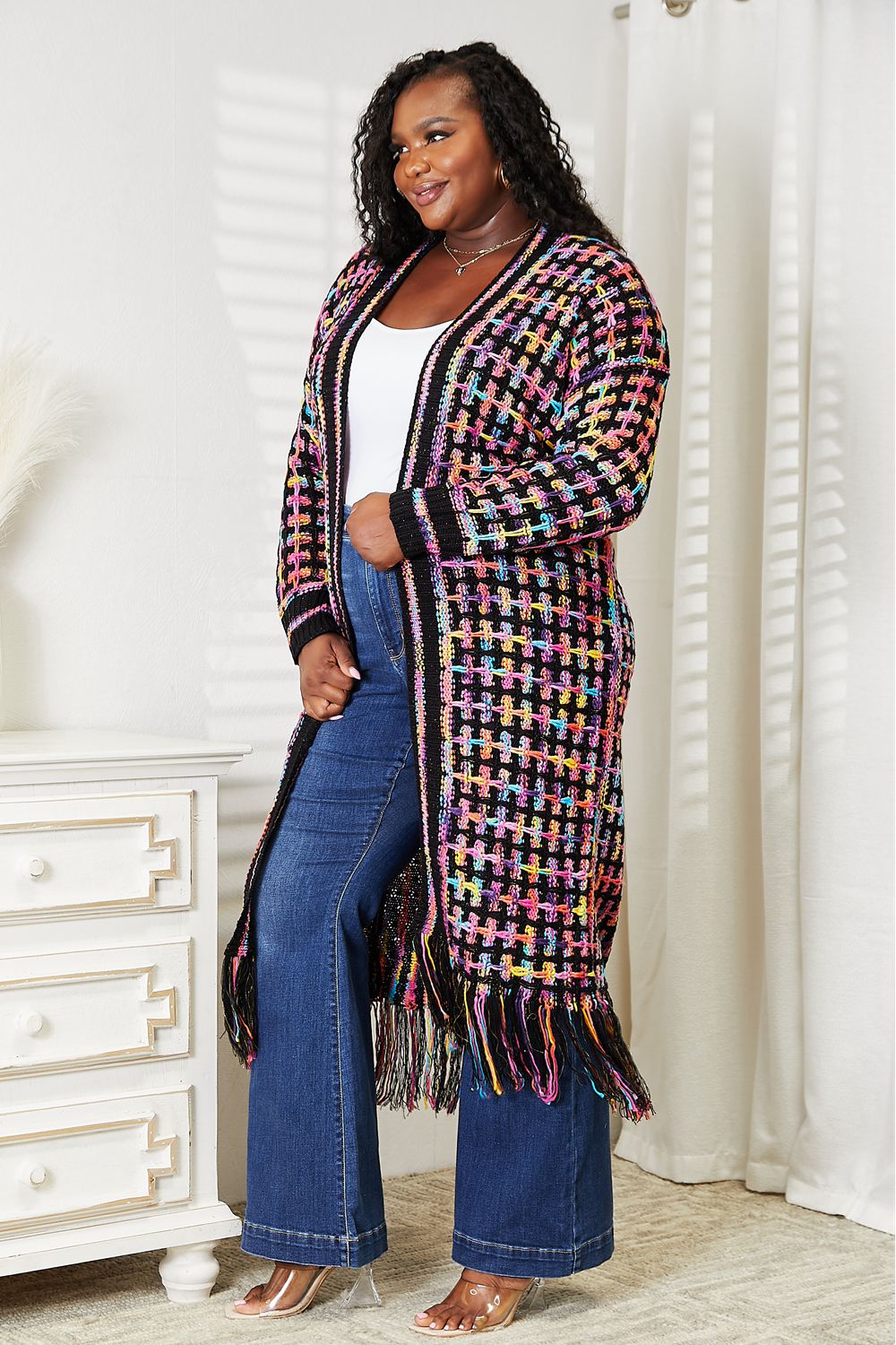 Angel Wings Multicolored Open Front Fringe Hem Cardigan