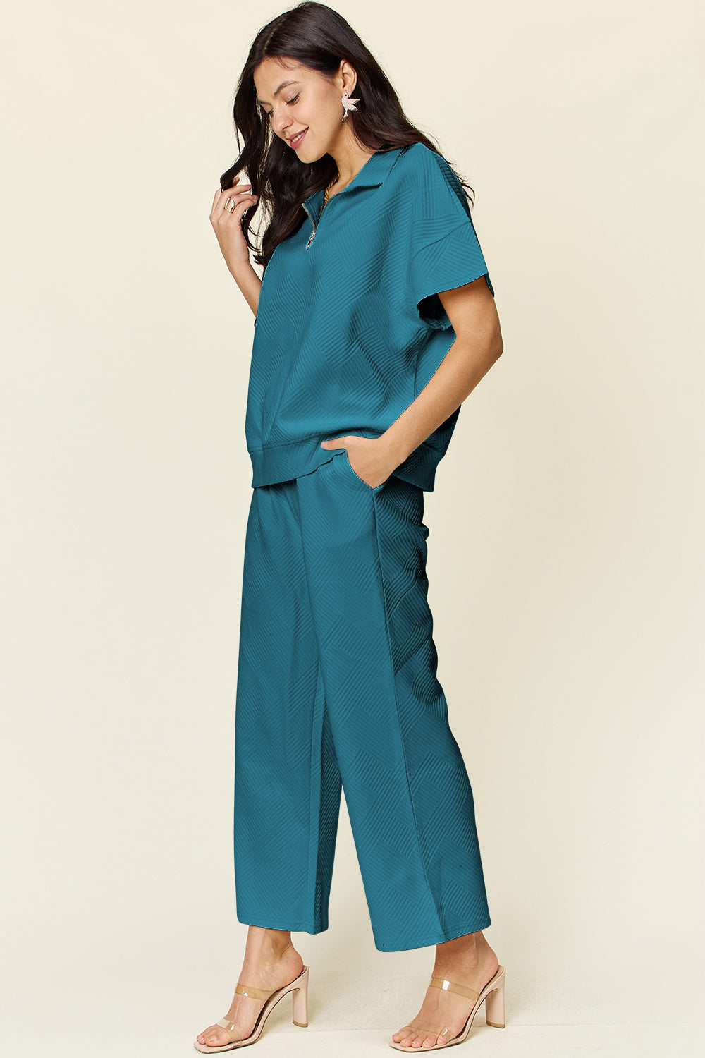 Double Take Texture Half Zip Short Sleeve Top and Pants Set Several Color Options