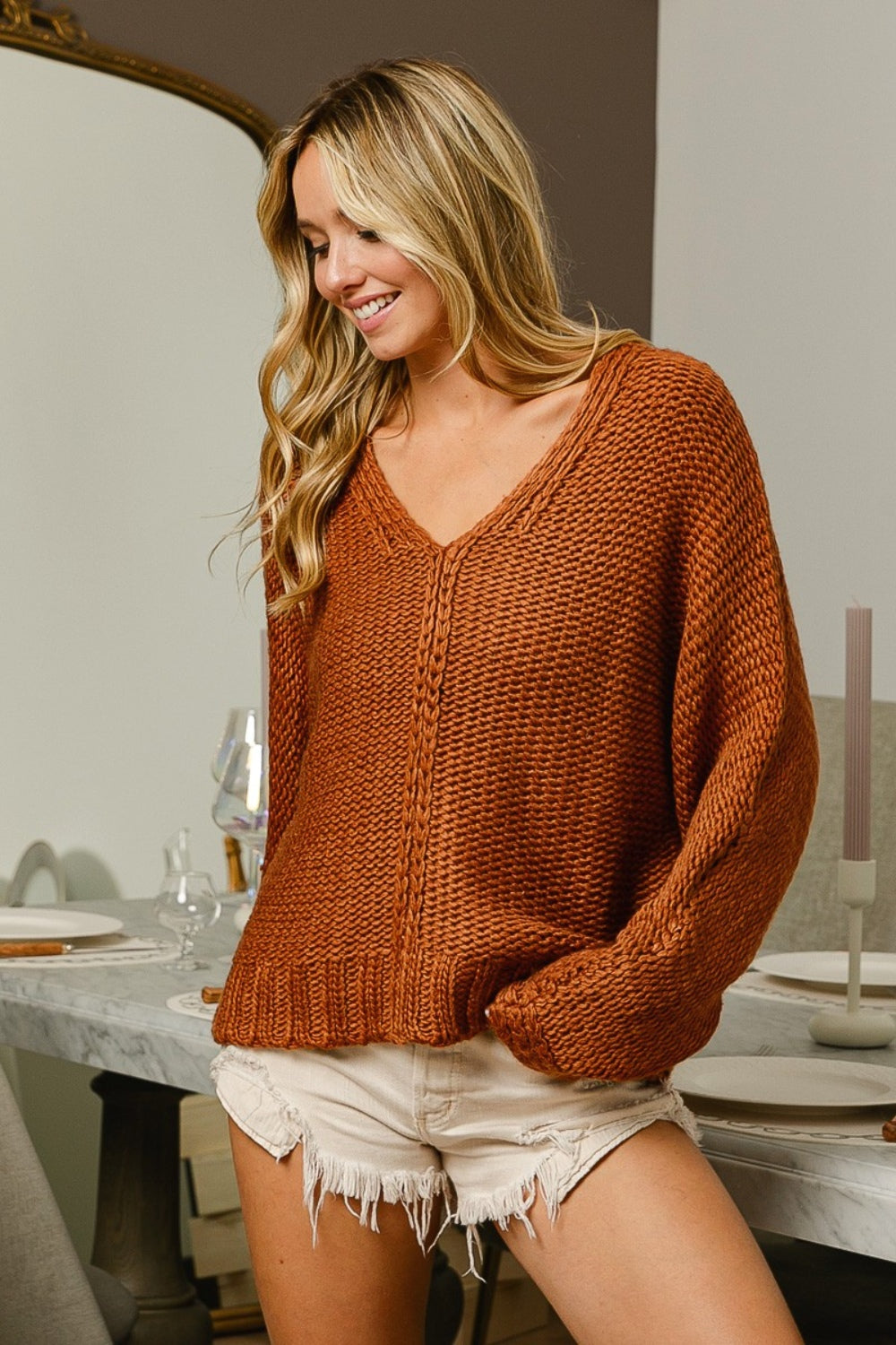 BiBi V-Neck Cable Knit Cinnamon Burtn Orange Sweater