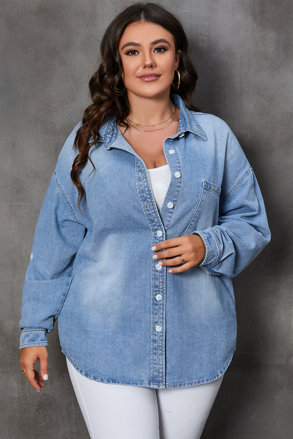 Button Up Pocketed Denim Button Down Top Shacket