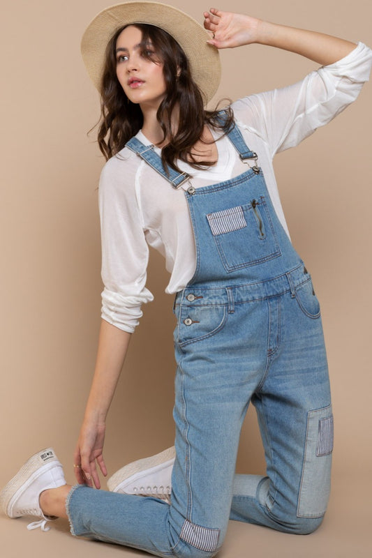 POL Super Cool Effortless Style Slim Leg Denim Overalls with Decorative Zipper and Patchwork