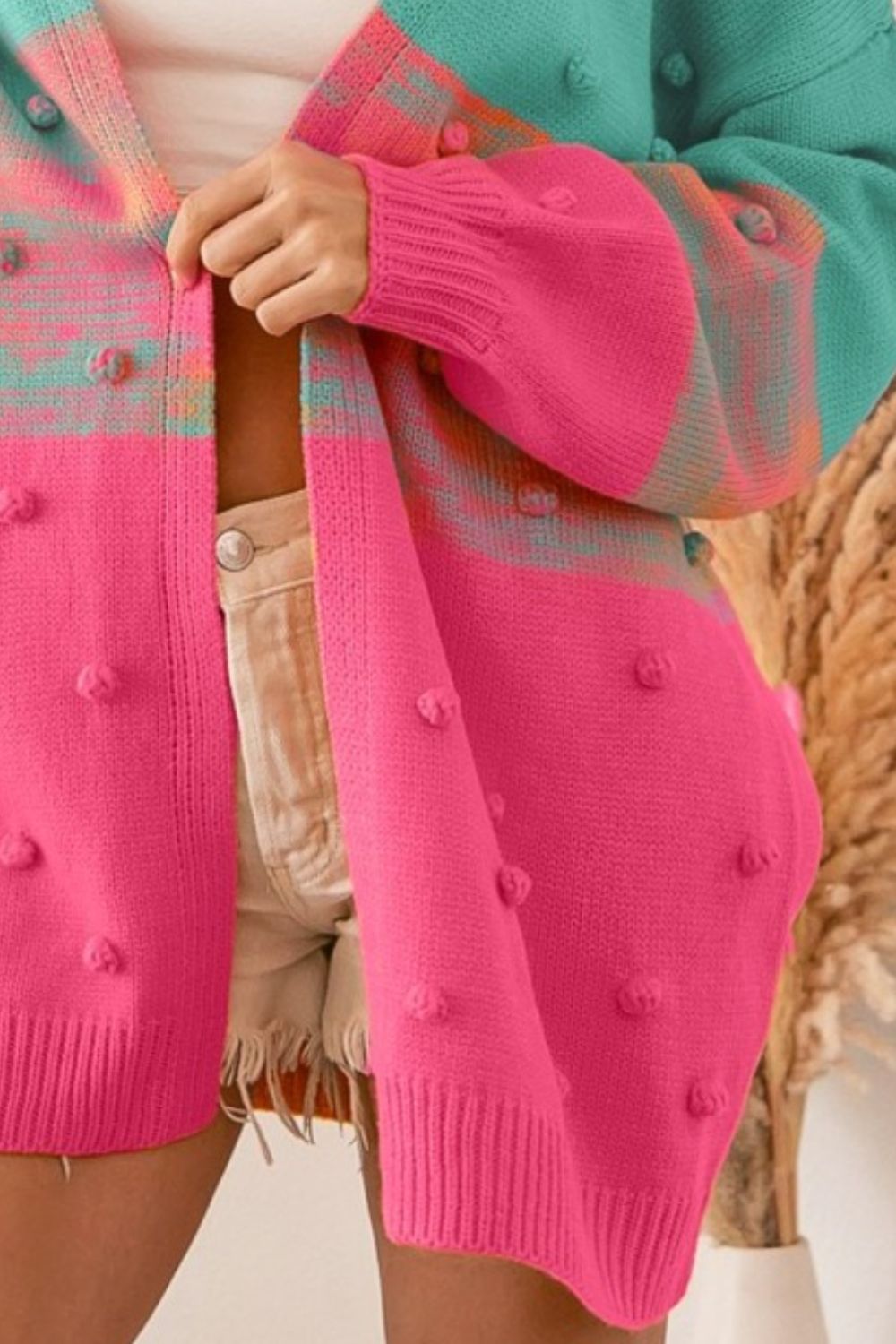 BiBi Color Block Pompom Sweater Cardigan in a Beautiful Turq/Pink Combo