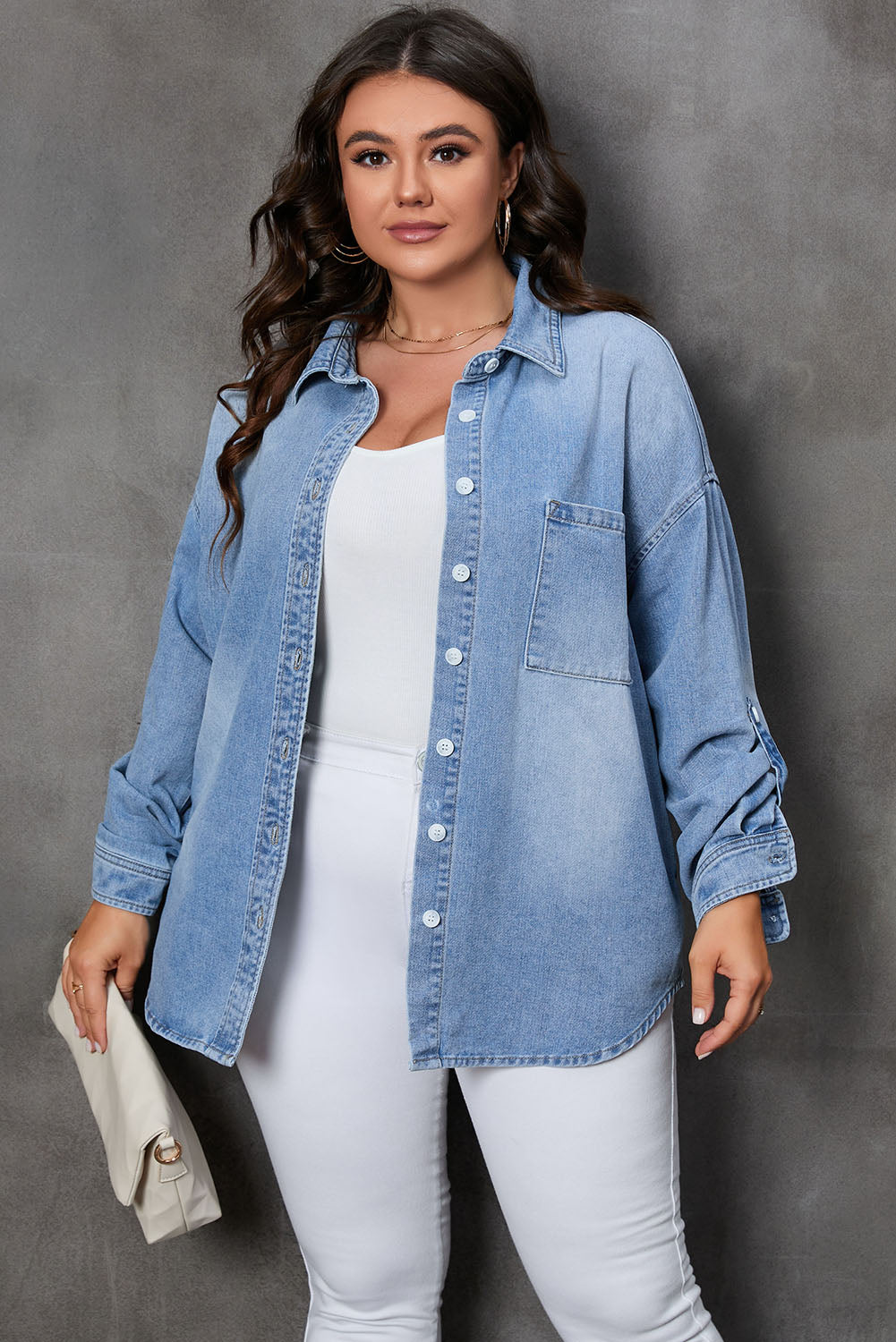 Button Up Pocketed Denim Button Down Top Shacket