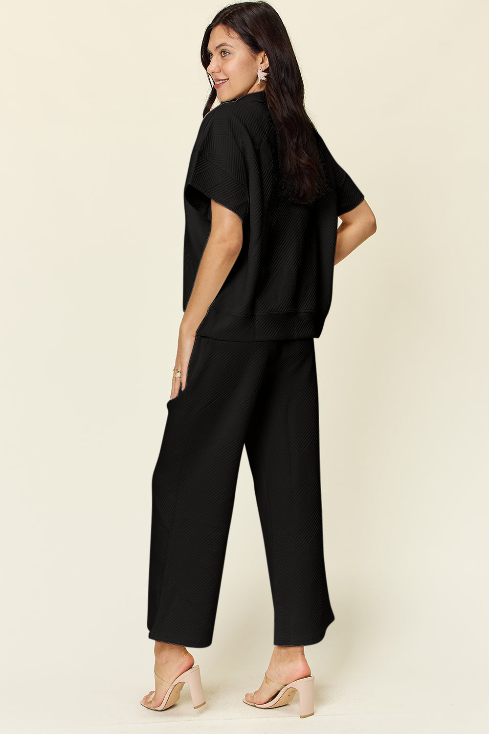 Double Take Texture Half Zip Short Sleeve Top and Pants Set Several Color Options