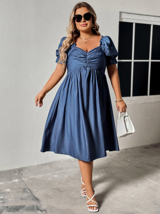 Plus Size Ruched Sweetheart Neck Denim Tencel Dress