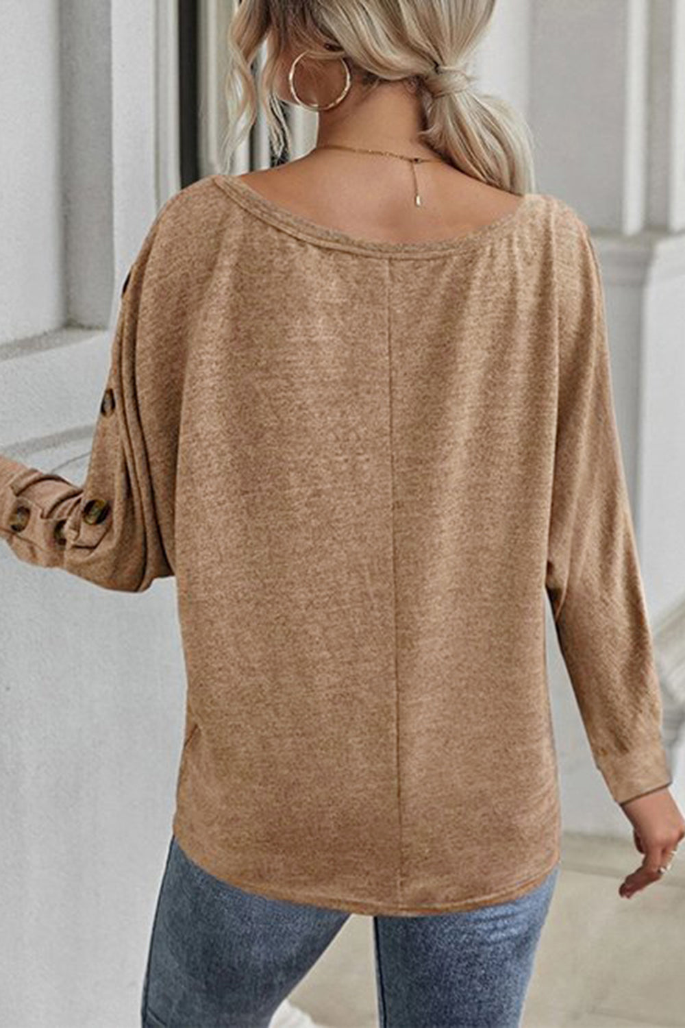 Boat Neck Buttoned Long Sleeve Top