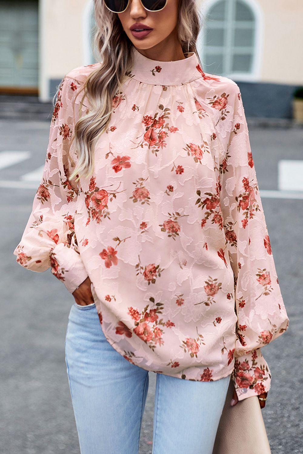 Floral Print Mock Neck Lantern Sleeve Blouse – Chantilly Lace & Butterfly  Kisses