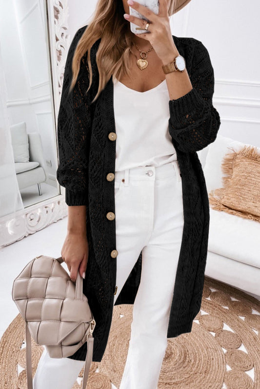 V-Neck Long Sleeve Open Weave Button Front Cardigan