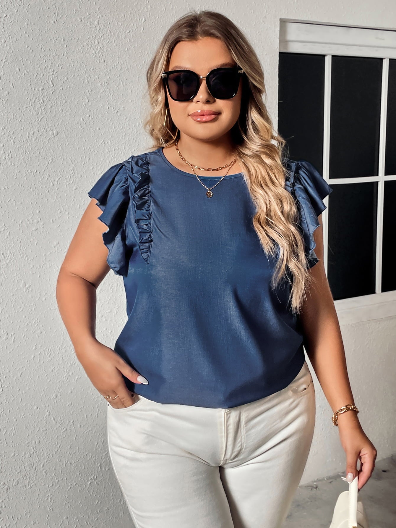 Plus Size Round Neck Flounce Sleeve Frill Trim Denim Like Blouse