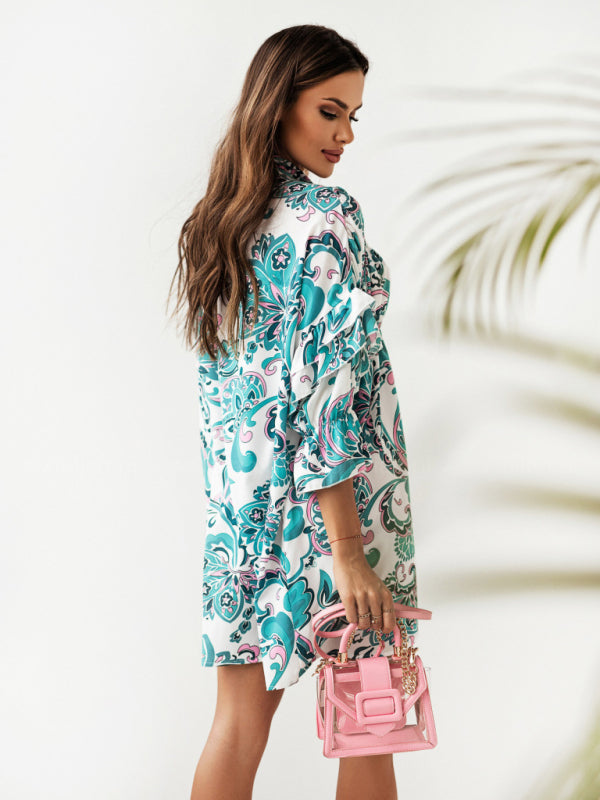 Swing Pleated, Stand-up Collar, Ruffled Floral & Paisley Print Dress in Many Colors