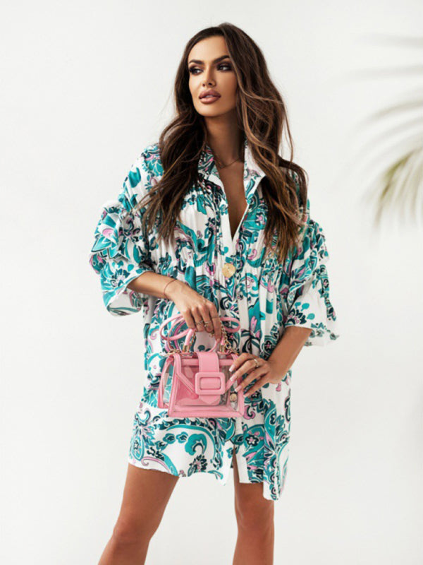 Swing Pleated, Stand-up Collar, Ruffled Floral & Paisley Print Dress in Many Colors