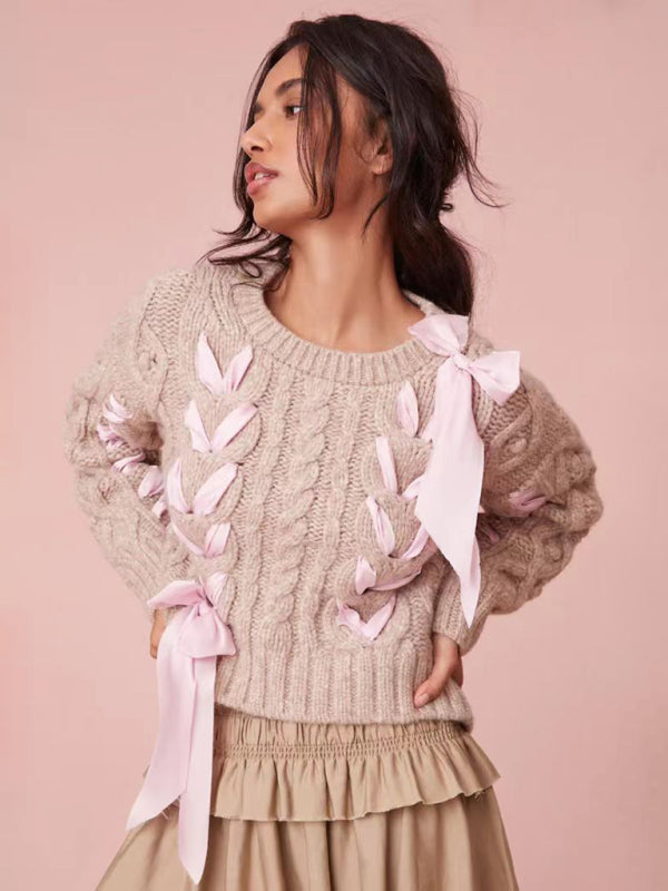 Sweet Cable Knit Sweater with Ribbons and Bows Accents