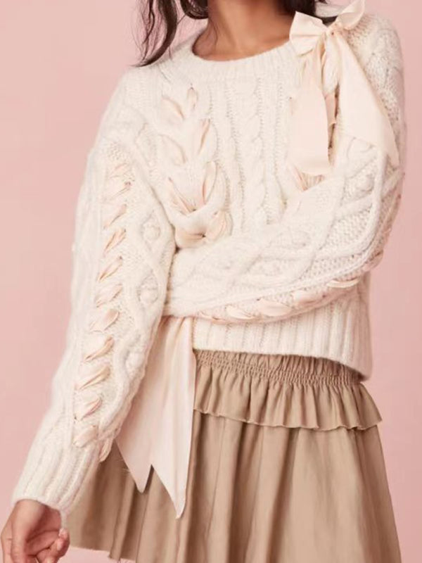 Sweet Cable Knit Sweater with Ribbons and Bows Accents